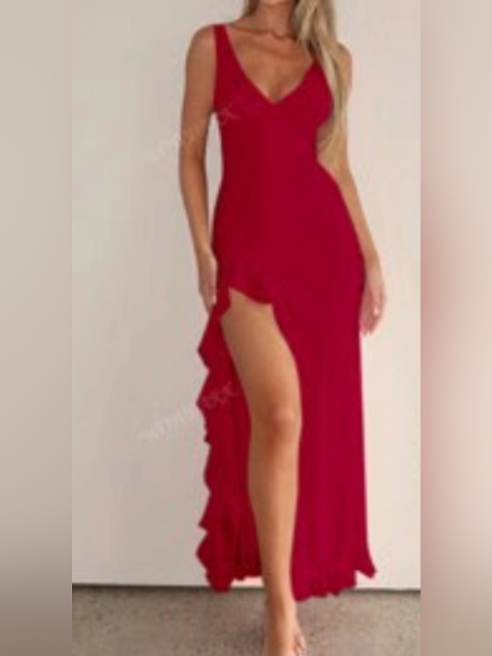 Red Ruffle High-Slit Evening Dress - Women